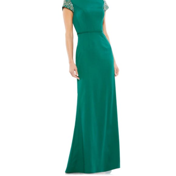 MAC DUGGAL 55718 BEADED CAP SLEEVE BATEAU COLUMN EMERALD GREEN GOWN sz 16 - Picture 7 of 8